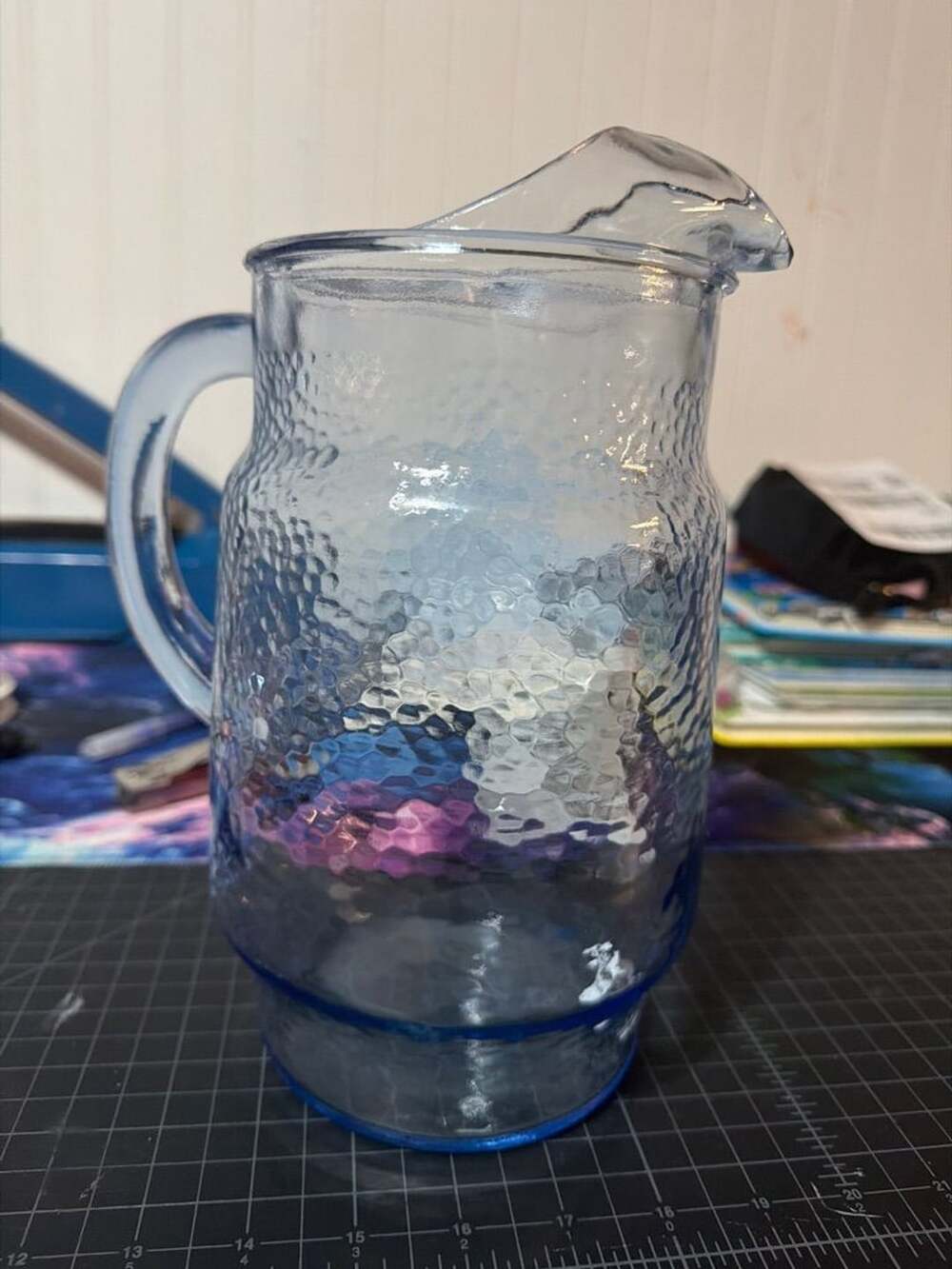 Anchor Hocking Blue Glass Pitcher Crinkle Textured